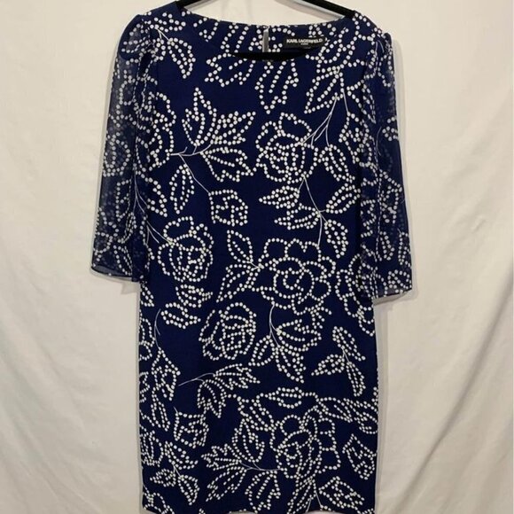 Karl LAGERFELD woman’s navy/white dress with sheer sleeves. Lined. Size 8. Cutou - Picture 1 of 12